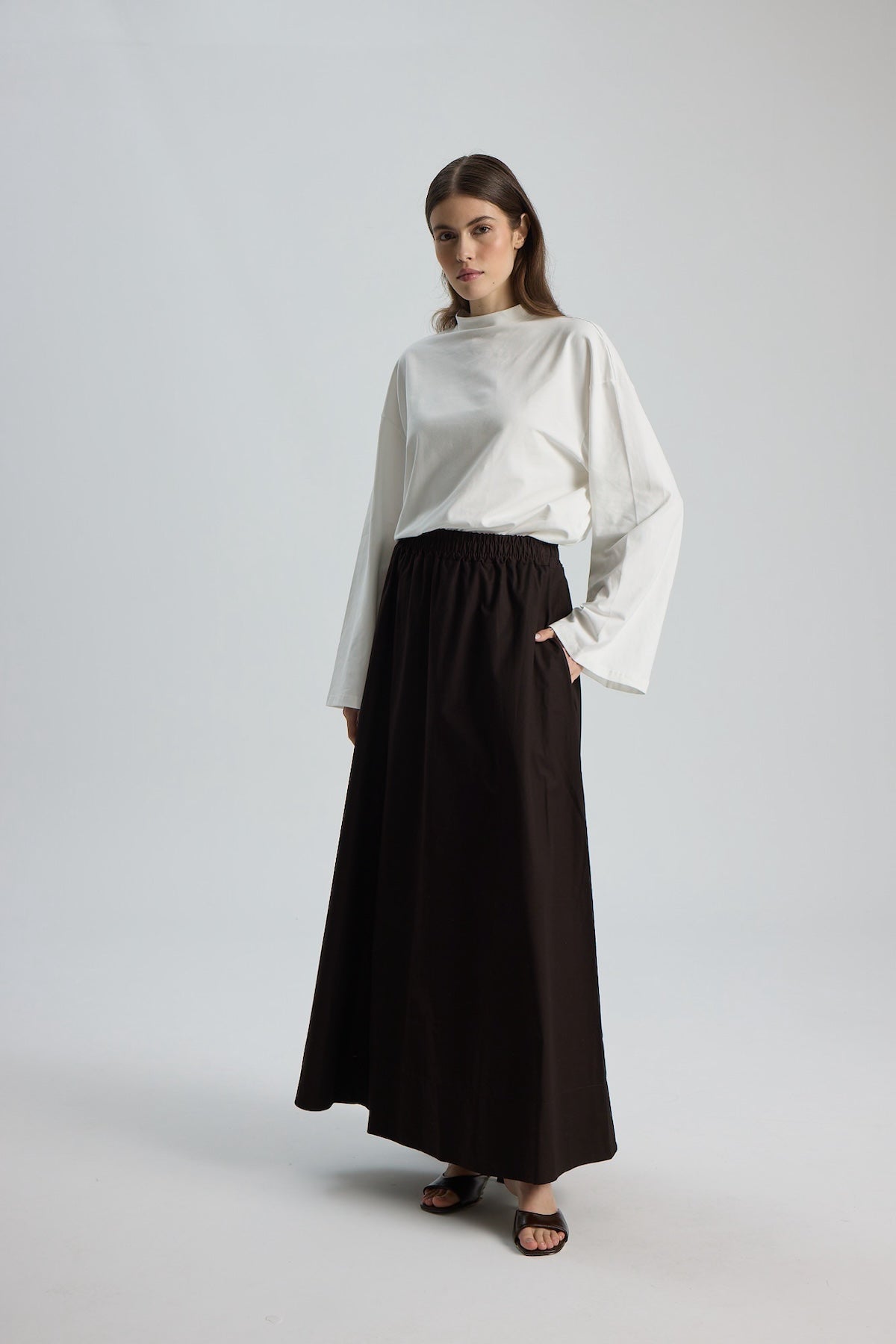 Düz Cepli Poplin Etek-100CM Acı Kahve