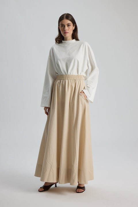 Düz Cepli Poplin Etek-100CM Krem