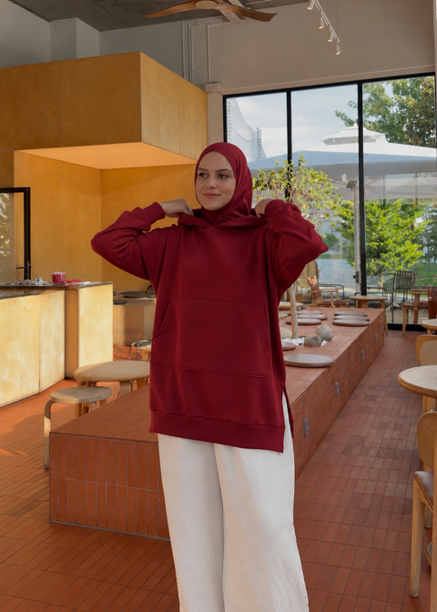 Başörtü Detaylı Kapüşonlu Sweatshirt Bordo