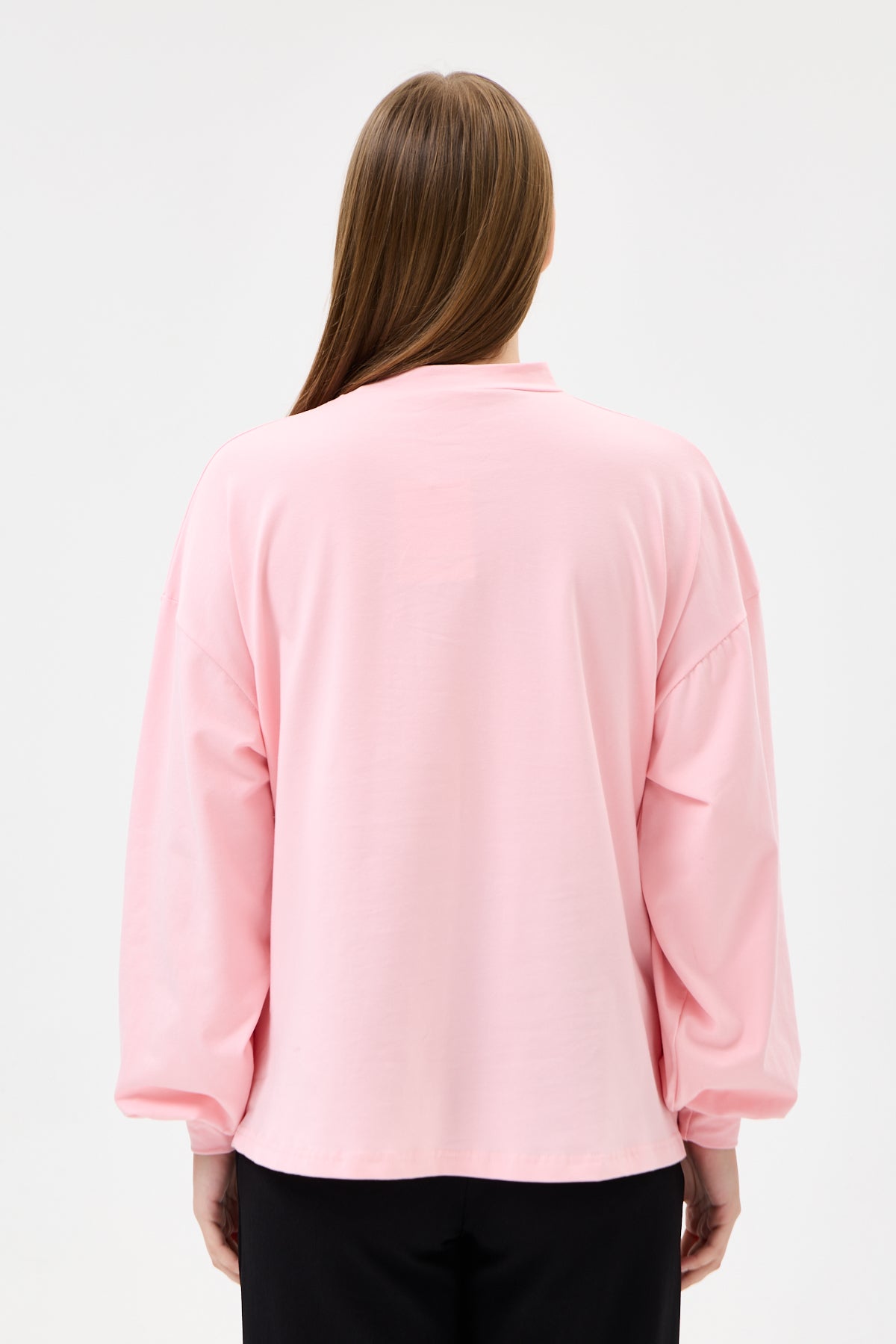 Dik Yaka Balon Kollu Body Pembe