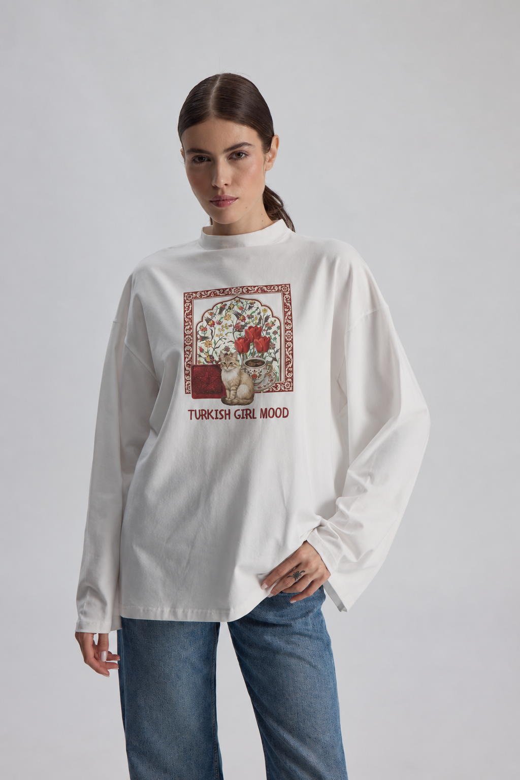 Baskılı Dik Yaka Geniş Kollu Çıtçıt Detaylı Body - Turkish Girl Mood Cat Kırmızı